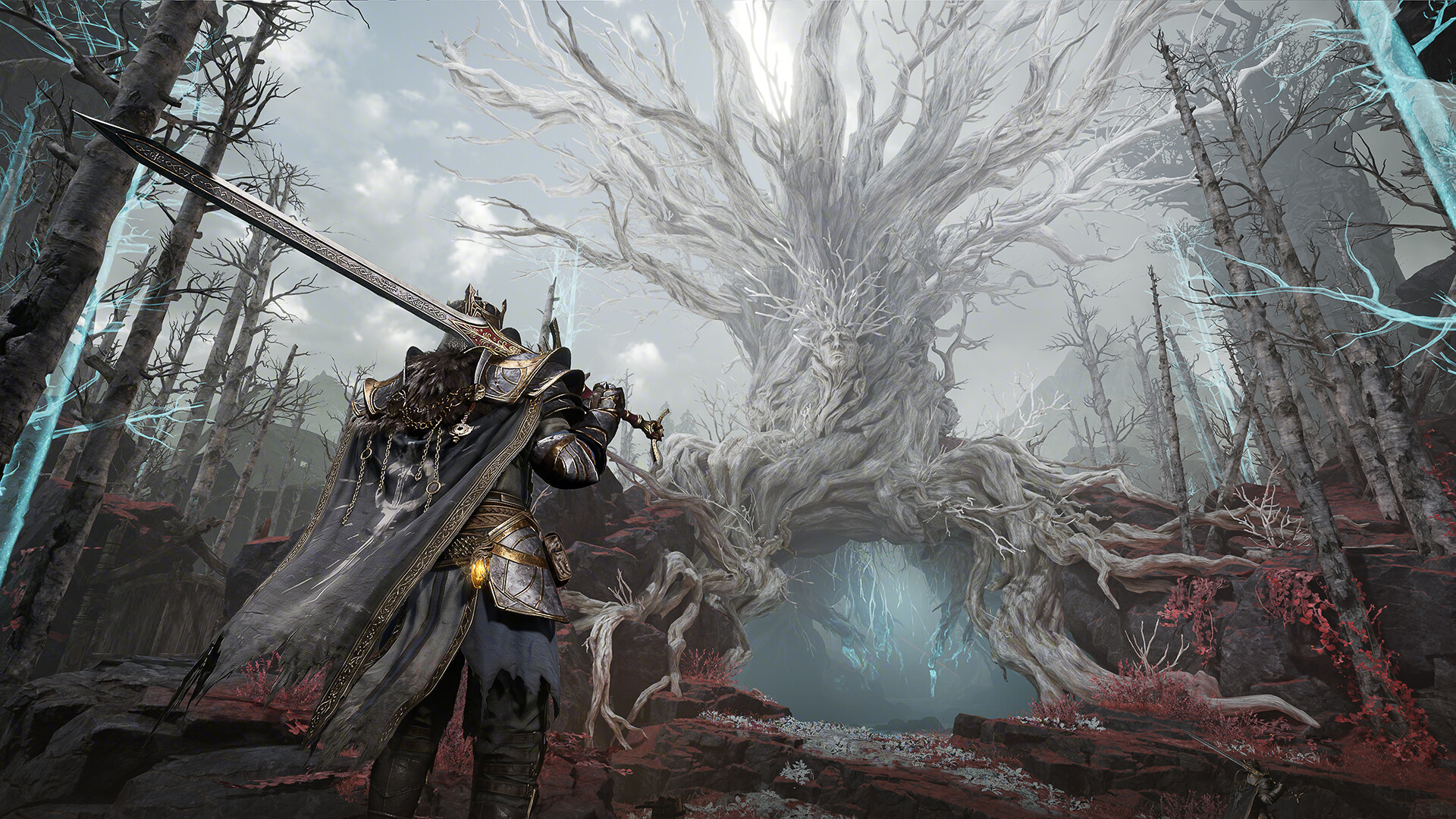 A heavily armored Withered Knight-class hunter facing a giant spectral tree boss in Mistfall Hunter