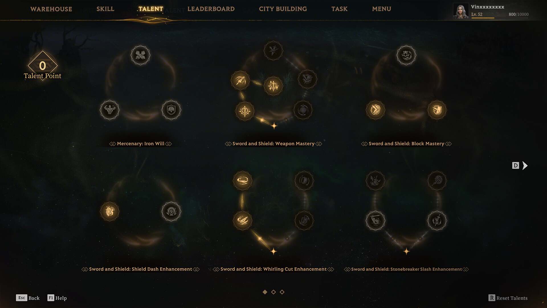 In-game talent tree UI for the Mercenary class showing Sword and Shield Weapon Mastery, Block Mastery, Shield Dash Enhancement and more