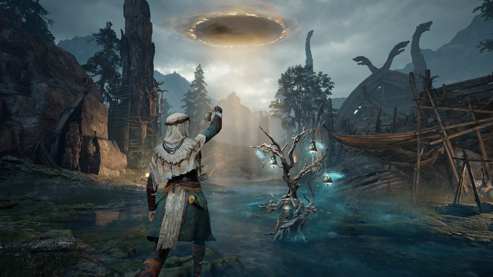 A hooded hunter at the extraction point with a glowing ring portal overhead in Mistfall Hunter