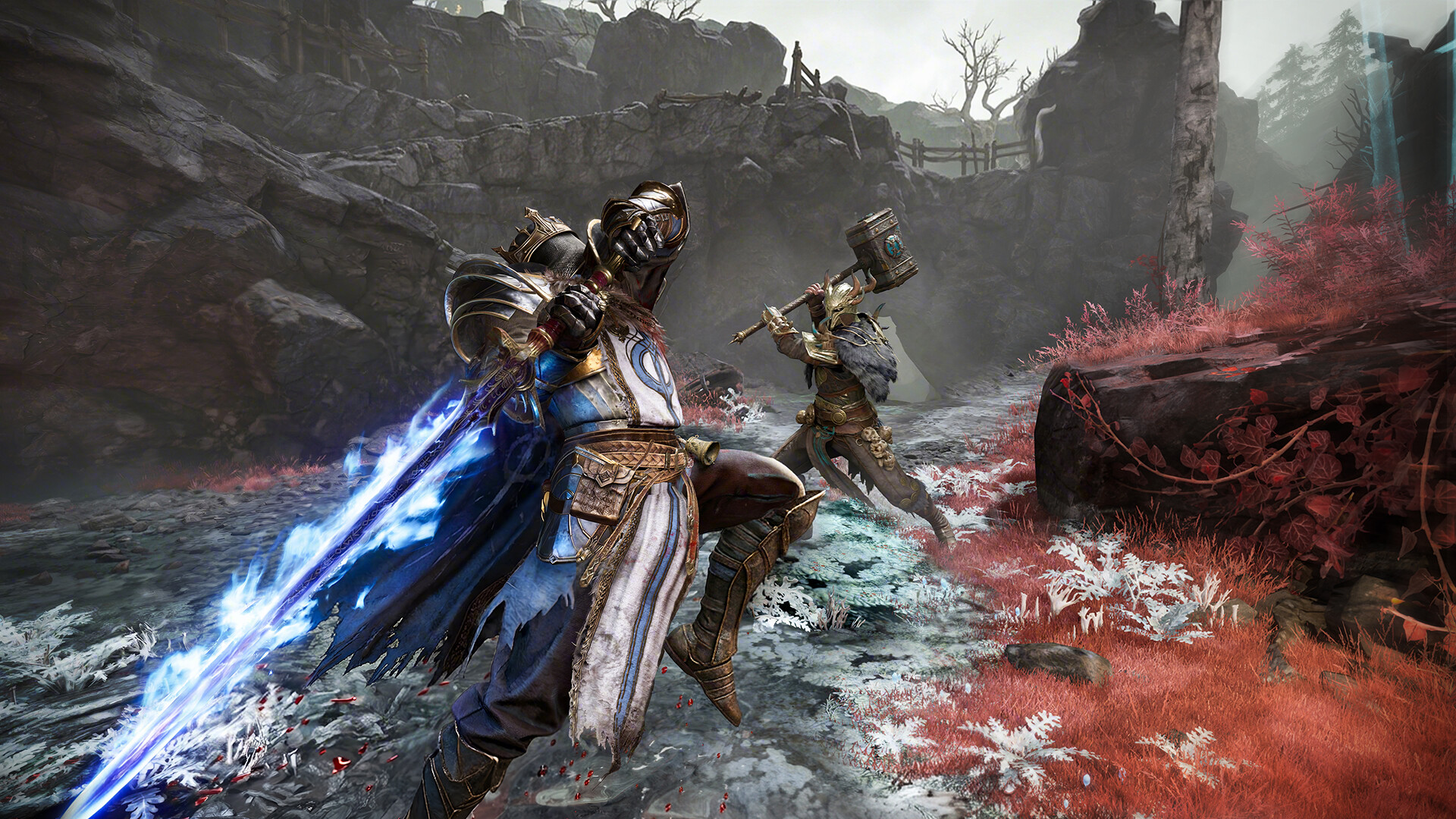 Two warriors locked in mid-combat in a red-grass Mistfall Hunter landscape, one with a blue flame sword