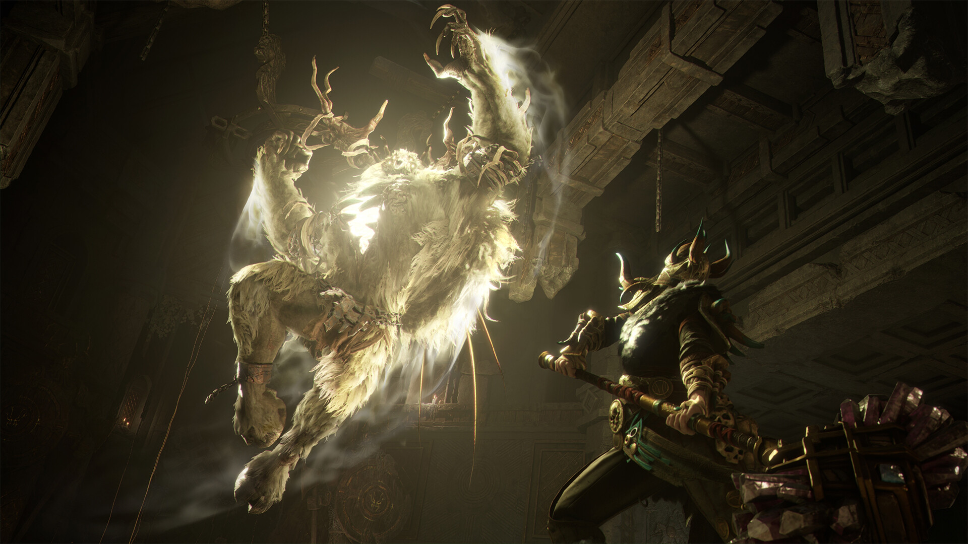 A hunter facing a giant glowing minotaur-style boss in a Mistfall Hunter dungeon