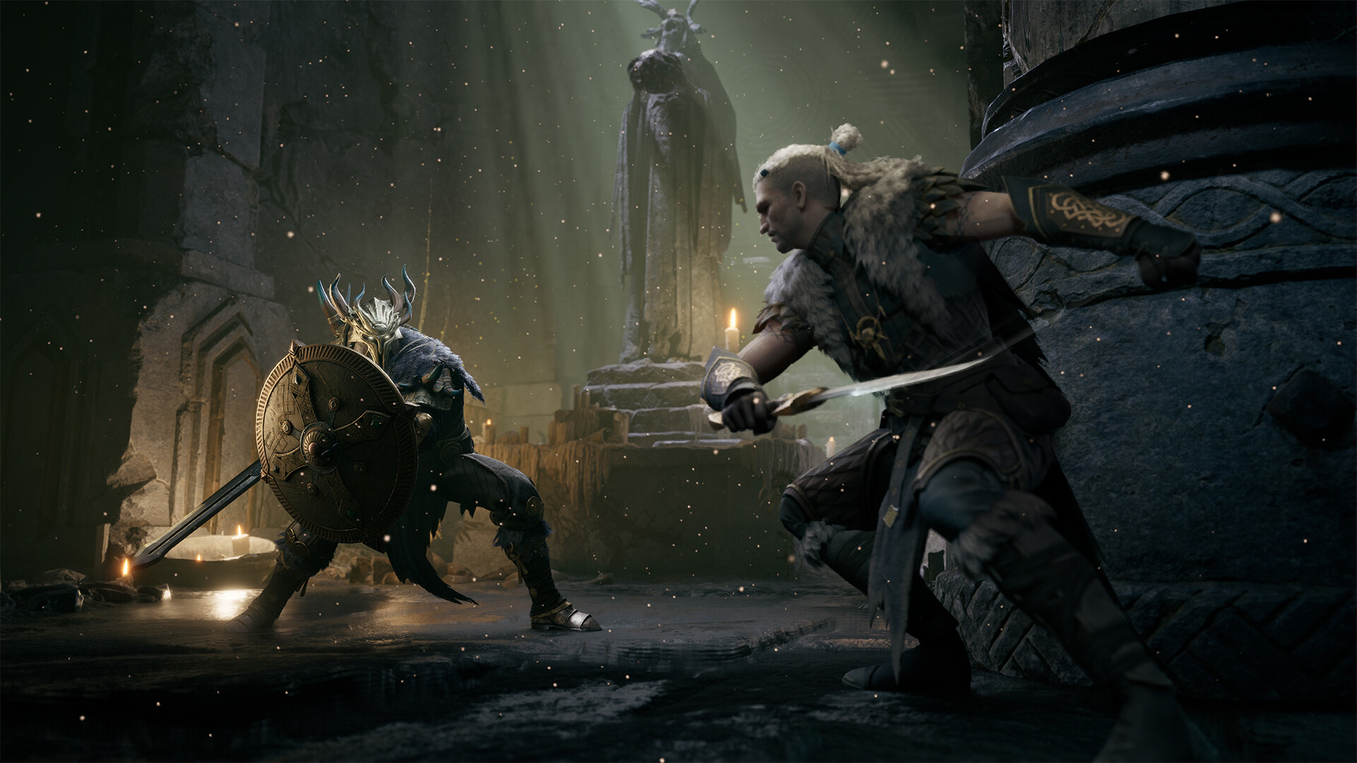 Two hunters facing off inside a cathedral with a stone statue in Mistfall Hunter