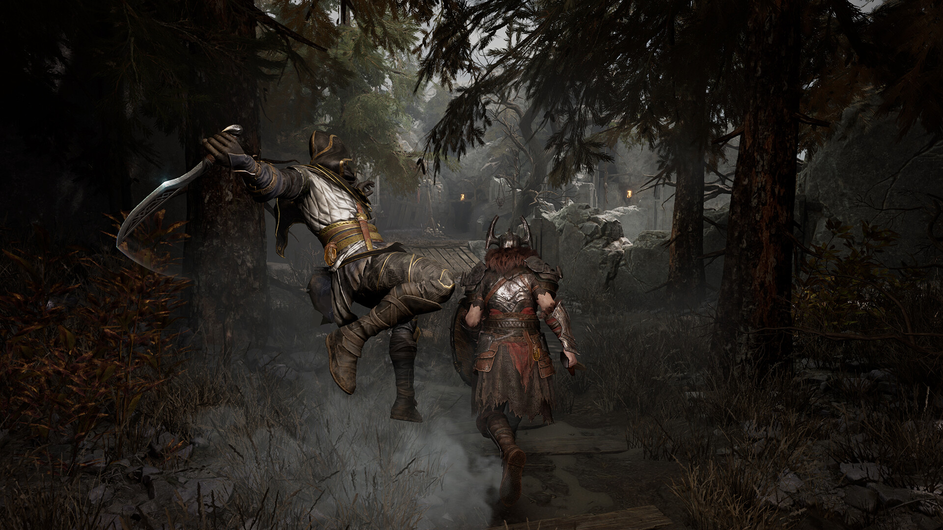 A warrior leaping through the air with a blade for an aggressive attack in Mistfall Hunter