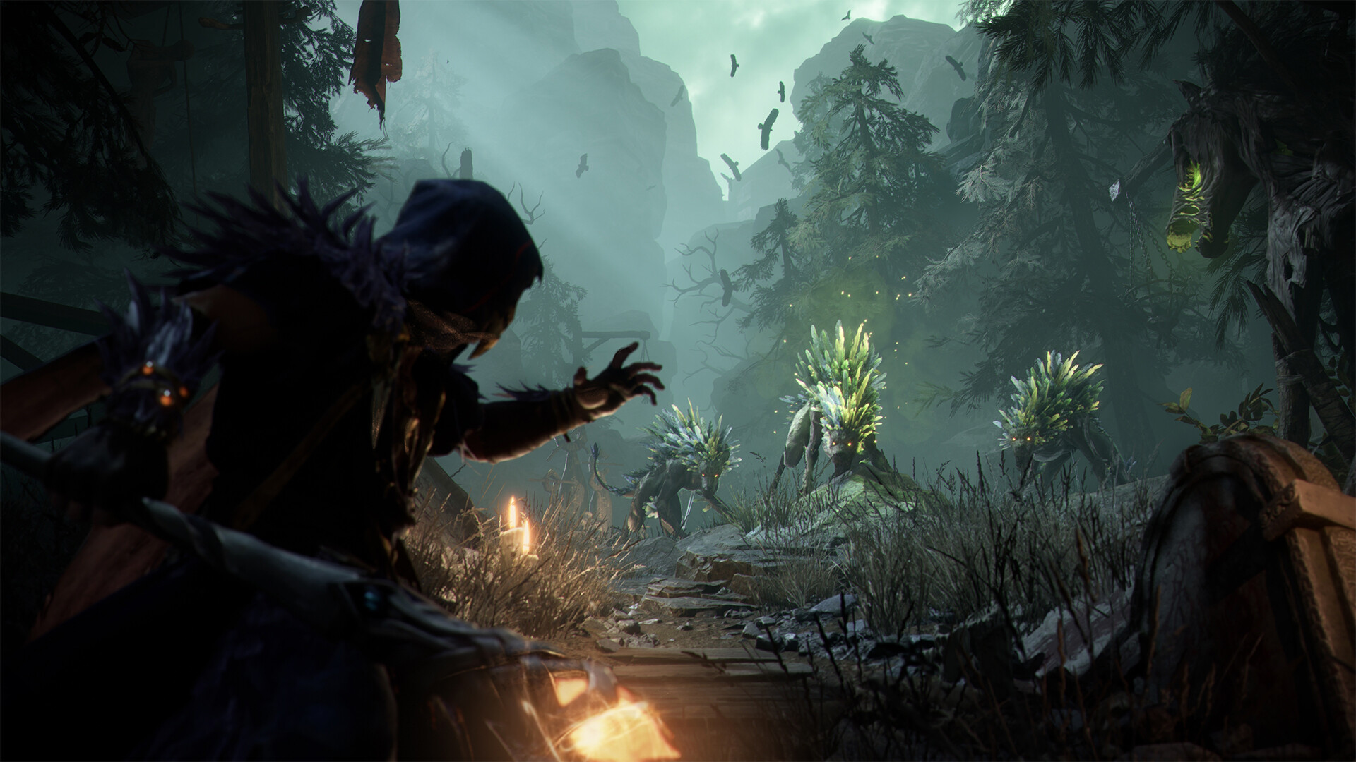 A sorcerer-class hunter facing glowing plant-like monsters in a Mistfall Hunter forest