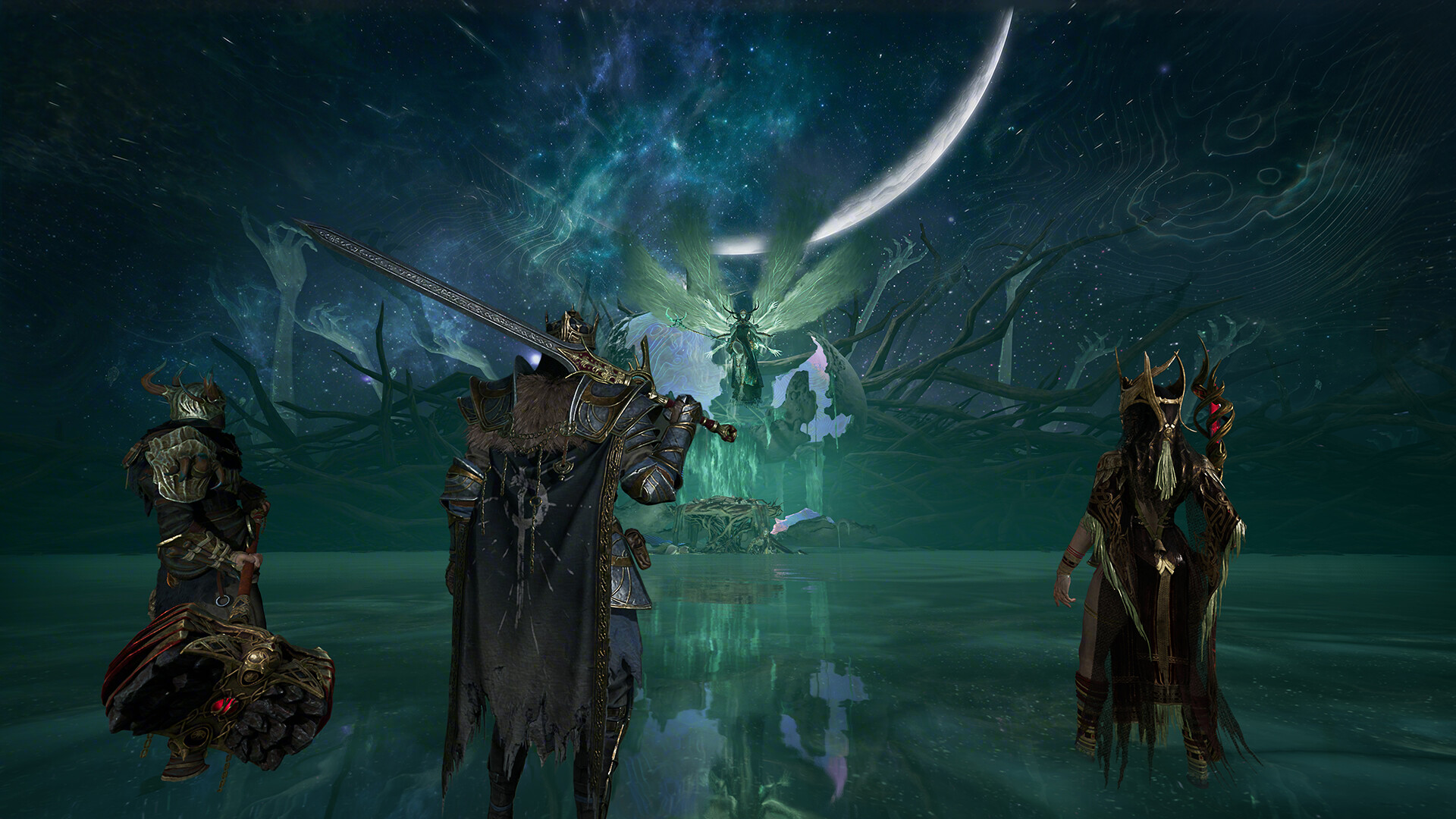 A three-player squad of hunters facing a giant green spectral boss in Mistfall Hunter